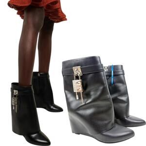 Givenchy Shark Lock Leather Ankle Wedge Boots Black Size 39.5